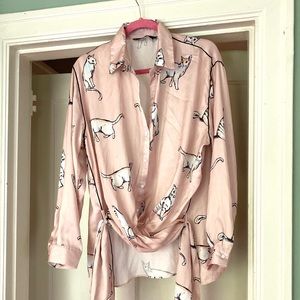 ZARA silky pink cat print blouse with waist sash